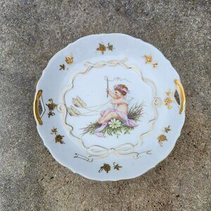 Hand painted Porcelain Footed Candy Dish With Butterfly Chariot & Winged Cherub